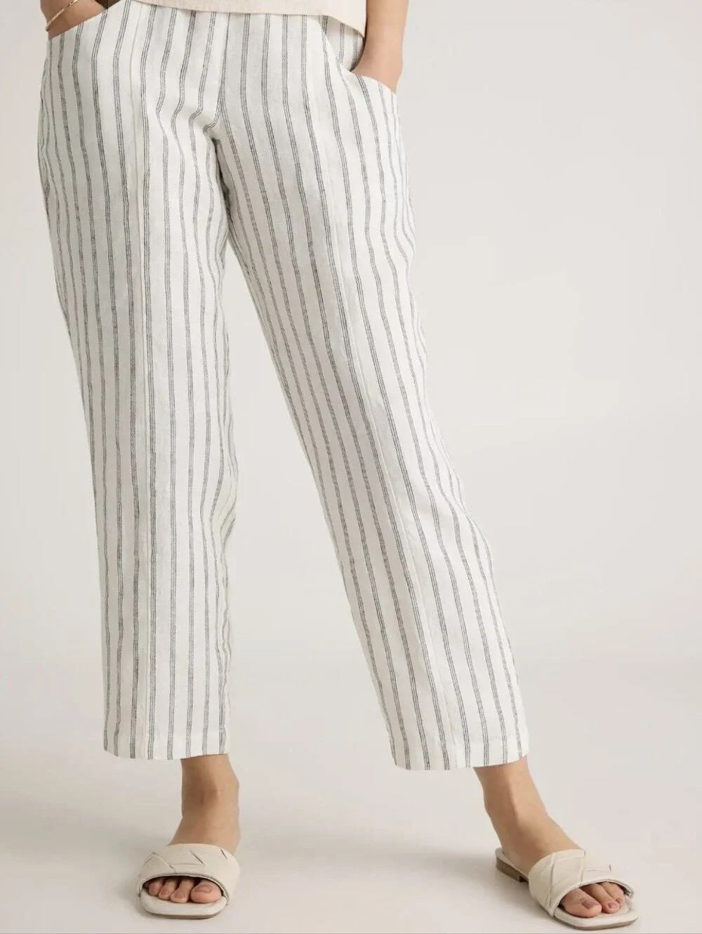 Quince Women's White Black Striped 100% Linen Trousers Size Small Summer